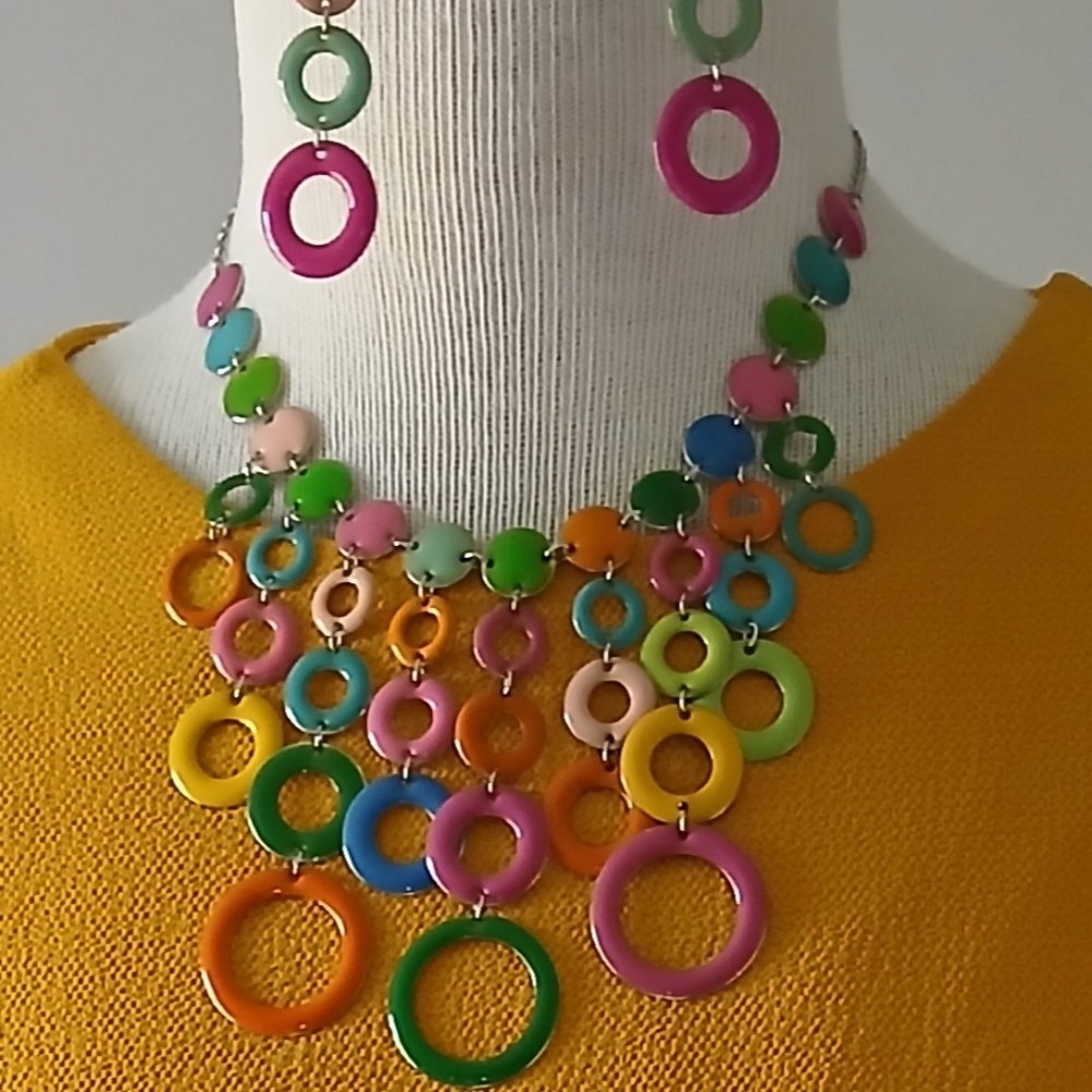Multicolor Circle Link Statement Necklace And Ear… - image 3